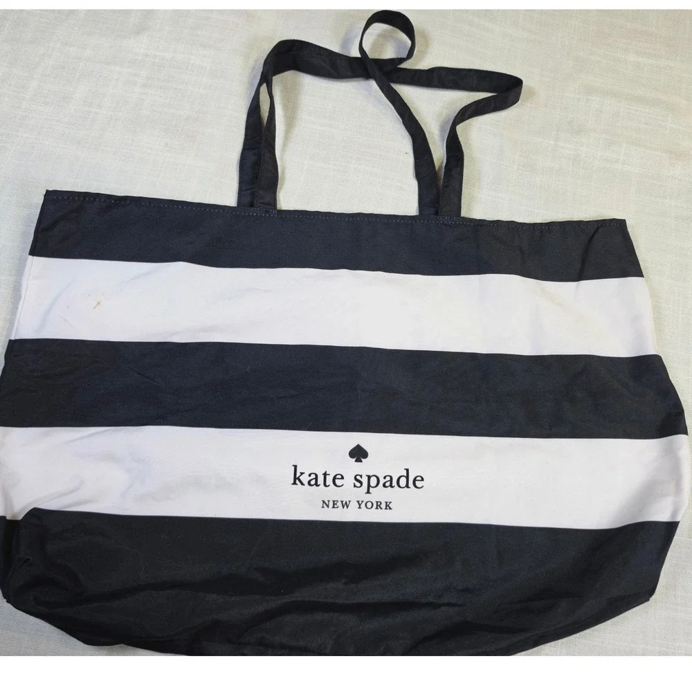 Kate Spade New York Striped Nylon Tote Bag Black White Large Shoulder Bag